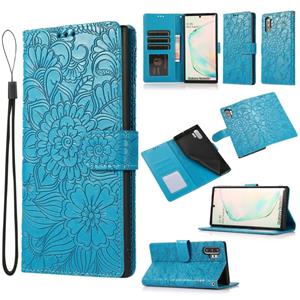 huismerk Voor Samsung Galaxy Note10 + Skin Feel Reliëf Zonnebloem Horizontale Flip Lederen Case Met Houder & Card Slots & Wallet & Lanyard (Blauw)