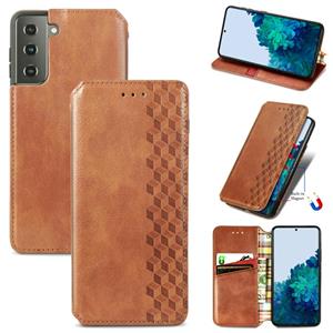 huismerk Voor Samsung Galaxy S30 Plus Cubic Grid Geperst horizontal flip magnetische PU lederen hoes met Holder & Card Slots & Wallet(Brown)