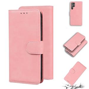 huismerk Voor Samsung Galaxy S22 Ultra 5G Skin Feel Pure Color Flip Leather Phone Case (Pink)