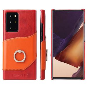 fierreshann Voor Samsung Galaxy Note 20 Fierre Shann Oil Wax Textuur Genuine Leather Back Cover Case met 360 graden rotatiehouder & kaartslot (Rood+lichtbruin)