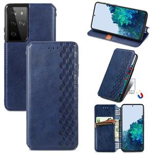 huismerk Voor Samsung Galaxy S30 Ultra Cubic Grid Geperst horizontal flip magnetische PU lederen case met Holder & Card Slots & Wallet(Blauw)