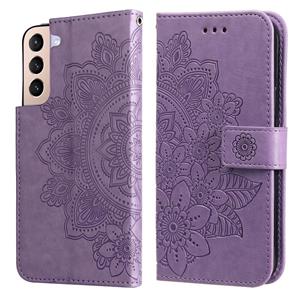 huismerk Voor Samsung Galaxy S22 5G 7-Petal Flowers In reliëf gemaakte flip lederen telefoonhoesje met houder & kaartslots (licht paars)