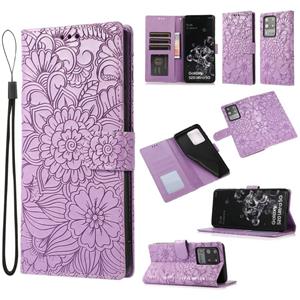 huismerk Voor Samsung Galaxy S20 Ultrahuid Voel je in reliëf gemaakte zonnebloem Horizontale Flip Leren Case met Houder & Card Slots & Wallet & Lanyard (Purpl