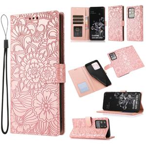 huismerk Voor Samsung Galaxy S20 Ultrahuid Voel je in reliëf gebosseled zonnebloem Horizontale Flip Leren Case met Houder & Card Slots & Wallet & Lanyard (Ros