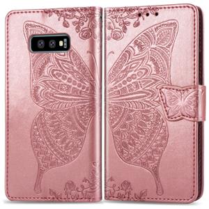 huismerk Butterfly Love bloemen reliëf horizontale Flip lederen case voor Galaxy S10e met houder & kaartsleuven & portemonnee & Lanyard (Rose goud)