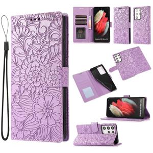 huismerk Voor Samsung Galaxy S21 Ultra 5G Huid Feel In reliëf Zonnebloem Horizontale Flip Leren Case Met Houder & Card Slots & Portemonnee & Lanyard (Paars)