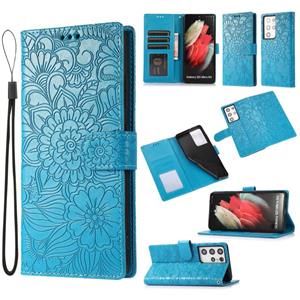 huismerk Voor Samsung Galaxy S21 Ultra 5G Huid Feel Reliëf Zonnebloem Horizontale Flip Lederen Case Met Houder & Card Slots & Wallet & Lanyard (Blauw)