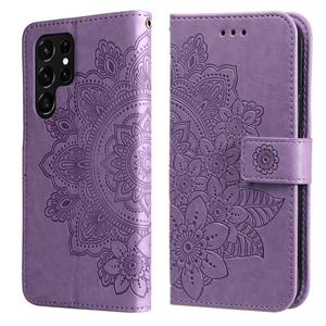 huismerk Samsung Galaxy S22 Uitra 5G 7-Petal Flowers Reliëf Flip Leren Telefoonhoesje Met Houder & Card Slots (licht Paars)