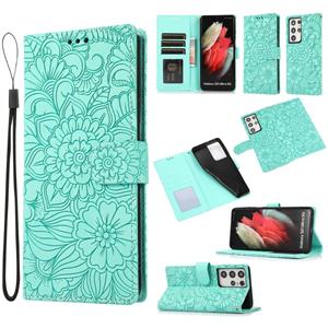 huismerk Voor Samsung Galaxy S21 Ultra 5G Huid Feel In reliëf gemaakte Zonnebloem Horizontale Flip Leren Case Met Houder & Card Slots & Wallet & Lanyard