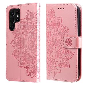 huismerk Samsung Galaxy S22 Uitra 5G 7-Petal Bloembloemen in reliëf gemaakte flip lederen telefoonhoesje met houder & kaartslots (rose goud)