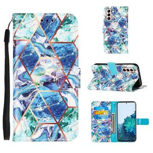 huismerk Voor Samsung Galaxy S21 5G Marble Stitching Horizontale Flip PU Lederen case met Holder & Card Slots & Wallet & Lanyard(BlauwGroen)