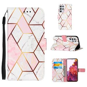 huismerk Voor Samsung Galaxy S21 Ultra 5G Marble Stitching Horizontale Flip PU Lederen case met Holder & Card Slots & Wallet & Lanyard(Pink White)