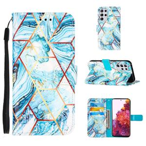 huismerk Voor Samsung Galaxy S21 Ultra 5G Marmer Stiksels Horizontale Flip PU Lederen Case met Houder & Kaart Slots & Portemonnee & Lanyard (Blauw)