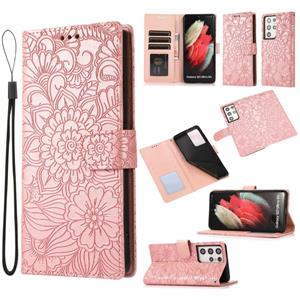 huismerk Voor Samsung Galaxy S21 Ultra 5G Huid Feel In reliëf Sunflower Horizontale Flip Leren Case Met Houder & Card Slots & Wallet & Lanyard (Rose Gold)