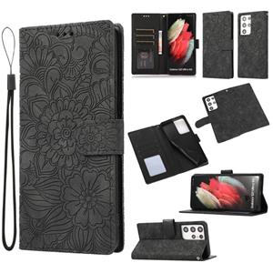 huismerk Voor Samsung Galaxy S21 Ultra 5G Huid Feel Reliëf Zonnebloem Horizontale Flip Leren Case Met Houder & Card Slots & Wallet & Lanyard (Zwart)