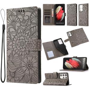 huismerk Voor Samsung Galaxy S21 Ultra 5G Skin Feel Reliëf Zonnebloem Horizontale Flip Lederen Case Met Houder & Card Slots & Wallet & Lanyard