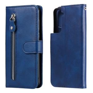 huismerk Voor Samsung Galaxy S21 5G Fashion Kalf textuur Rits horizontale flip lederen koffer met Holder & Card Slots & Wallet(Blauw)