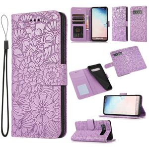 huismerk Voor Samsung Galaxy S10 Skin Feel Reliëf Zonnebloem Horizontale Flip Leren Case Met Houder & Card Slots & Wallet & Lanyard (Purple)