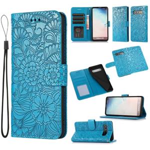 huismerk Voor Samsung Galaxy S10 Skin Feel In reliëf Zonnebloem Horizontale Flip Leren Case Met Houder & Card Slots & Wallet & Lanyard (Blauw)