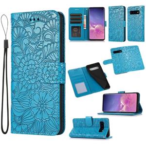 huismerk Voor Samsung Galaxy S10 + Skin Feel Embossed Sunflower Horizontale Flip Leren Case met Houder & Card Slots & Wallet & Lanyard (Blauw)