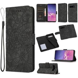 huismerk Voor Samsung Galaxy S10 + Skin Feel Reliëf Zonnebloem Horizontale Flip Leren Case Met Houder & Card Slots & Wallet & Lanyard (Black)