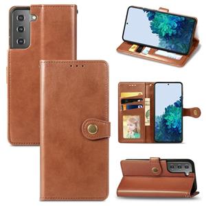 huismerk Voor Samsung Galaxy S21 Plus 5G Retro Solid Color Leather Buckle Phone Case met Lanyard & Photo Frame & Card Slot & Wallet & Stand Functie(Bruin)