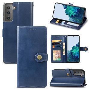 huismerk Voor Samsung Galaxy S21 Plus 5G Retro Solid Color Leather Buckle Phone Case met Lanyard & Photo Frame & Card Slot & Wallet & Stand Functie(Blauw)