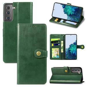 huismerk Voor Samsung Galaxy S21 Plus 5G Retro Solid Color Leather Buckle Phone Case met Lanyard & Photo Frame & Card Slot & Wallet & Stand Functie(Groen)