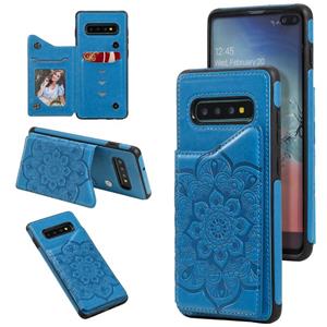 huismerk Voor Samsung Galaxy S10 Plus Flower Embossing Patroon Schokbestendige Beschermhoes met Houder & Kaartsleuven > Fotolijst (Blauw)