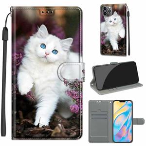 huismerk Voltage Gekleurde Tekening Magnetische Sluiting Horizontale Flip PU Lederen Case met Houder & Card Slots voor iPhone 13 (C08 Bloem Bush Big White Cat)