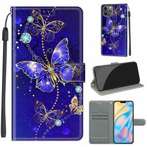 huismerk Voltage Gekleurde Tekening Magnetische Sluiting Horizontale Flip PU lederen tas met houder & kaartslots voor iphone 13 (C11 Blue Golden Chain vlinders