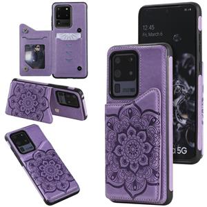 huismerk Voor Samsung Galaxy S20 Ultra Flower Embossing Patroon Schokbestendige Beschermhoes met Houder & Kaartsleuven > Fotolijst (Paars)