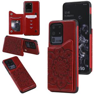 huismerk Voor Samsung Galaxy S20 Ultra Flower Embossing Patroon Schokbestendige Beschermhoes met Houder & Kaartsleuven > Fotolijst (Rood)