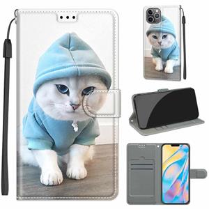 huismerk Voltage Gekleurde Tekening Magnetische Sluiting Horizontale Flip PU Lederen Case met Houder & Card Slots voor iPhone 13 (C15 Blue Sweater White Cat)