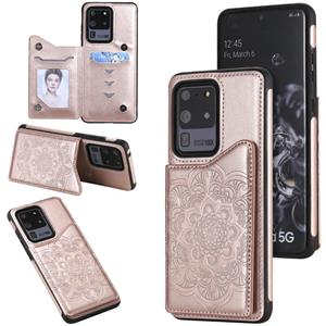 huismerk Voor Samsung Galaxy S20 Ultra Flower Embossing Patroon Schokbestendige Beschermhoes met Houder & Kaart Slots & Foto Frame (Rose Gold)