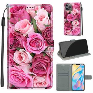 huismerk Voltage Gekleurde Tekening Magnetische Sluiting Horizontale Flip PU Lederen Case met Houder & Card Slots voor iPhone 13 (C17 Green Leaf Pink Rose)