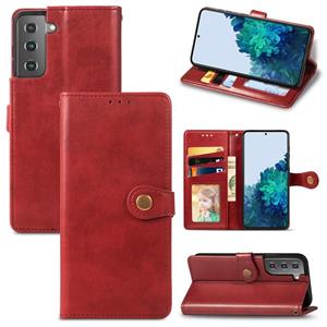 huismerk Voor Samsung Galaxy S21 Plus 5G Retro Solid Color Leather Buckle Phone Case met Lanyard & Photo Frame & Card Slot & Wallet & Stand Functie(Rood)