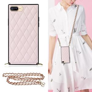 huismerk Elegant Rhombic Pattern Microfiber Leather + TPU Shockproof Case met Crossbody Strap Chain voor iPhone SE 2020 / 8/7 (Pink)