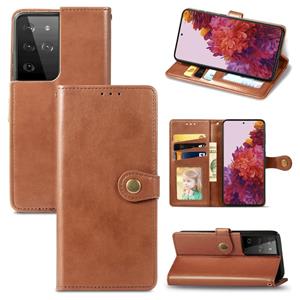 huismerk Voor Samsung Galaxy S21 Ultra 5G Retro Solid Color Leather Buckle Phone Case met Lanyard & Photo Frame & Card Slot & Wallet & Stand Functie(Bruin)