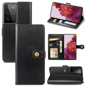 huismerk Voor Samsung Galaxy S21 Ultra 5G Retro Solid Color Leather Buckle Phone Case met Lanyard & Photo Frame & Card Slot & Wallet & Stand Functie(Zwart)