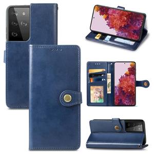 huismerk Voor Samsung Galaxy S21 Ultra 5G Retro Solid Color Leather Buckle Phone Case met Lanyard & Photo Frame & Card Slot & Wallet & Stand Functie(Blauw)