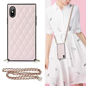 huismerk Elegant Rhombic Pattern Microfiber Leather + TPU Shockproof Case met Crossbody Strap Chain voor iPhone X / XS (Pink)