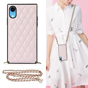 huismerk Elegant Rhombic Pattern Microfiber Leather + TPU Shockproof Case met Crossbody Strap-ketting voor iPhone XR (Pink)