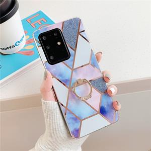 huismerk Voor Galaxy S20 Plus Plating Kleurrijke Geometrische Patroon Mozaïek Marmer TPU mobiele telefoon geval Rijnsteen Stand Ring (Blauwe PR4)