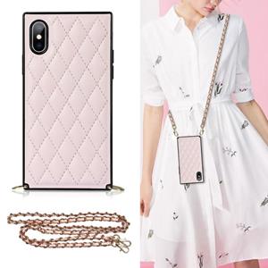 huismerk Elegant Rhombic Pattern Microfiber Leather + TPU Shockproof Case met Crossbody Strap Chain voor iPhone XS MAX (PINK)