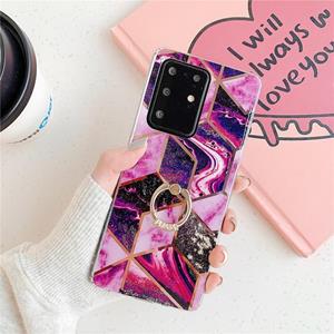 huismerk Voor Galaxy S20 Plus Plating Kleurrijke Geometrische Patroon Mozaïek Marmer TPU mobiele telefoon geval Rijnsteen Stand Ring (Magenta PR5)