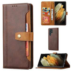 huismerk Voor Samsung Galaxy S22 Ultra 5G Calf Texture Double Fold Lederen Telefoonhoes (Brown)