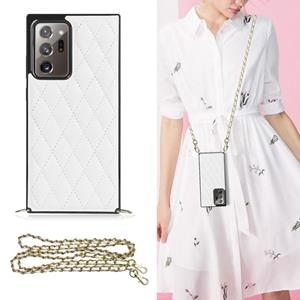 huismerk Voor Samsung Galaxy Note20 Ultra Elegant Rhombic Pattern Microfiber Leather + TPU Shockproof Case met Crossbody Strap Chain (White)