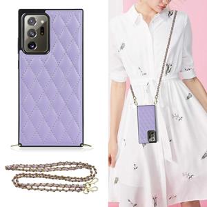 huismerk Voor Samsung Galaxy Note20 Ultra Elegant Rhombic Pattern Microfiber Leather + TPU Shockproof Case met Crossbody Strap Chain (Purple)