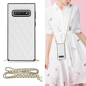 huismerk Voor Samsung Galaxy S10 Elegant Rhombic Pattern Microfiber Leather + TPU Shockproof Case met Crossbody Strap Chain (White)